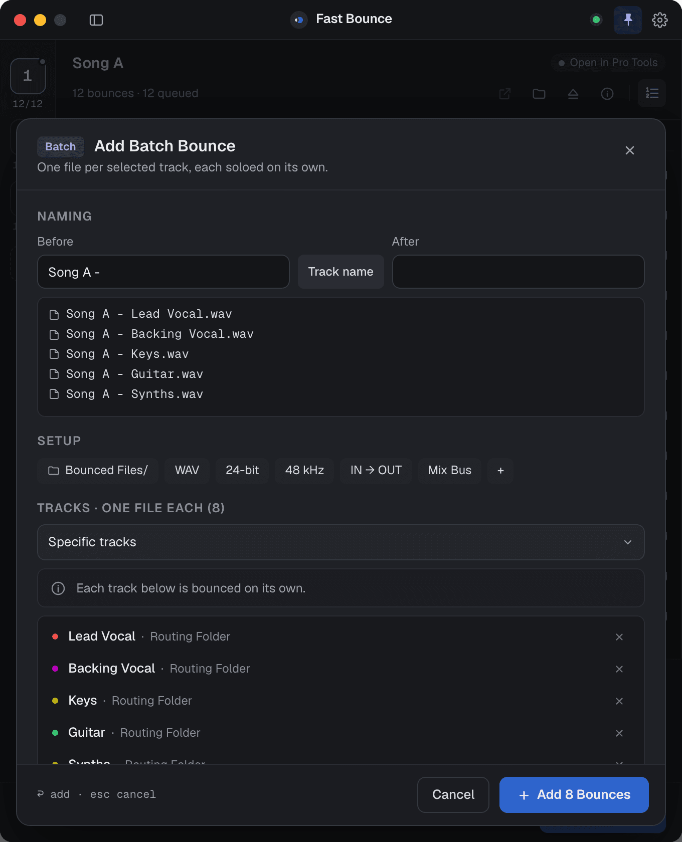 The Add Batch Bounce sheet with Before and After fields around the track name and a preview of the eight file names.