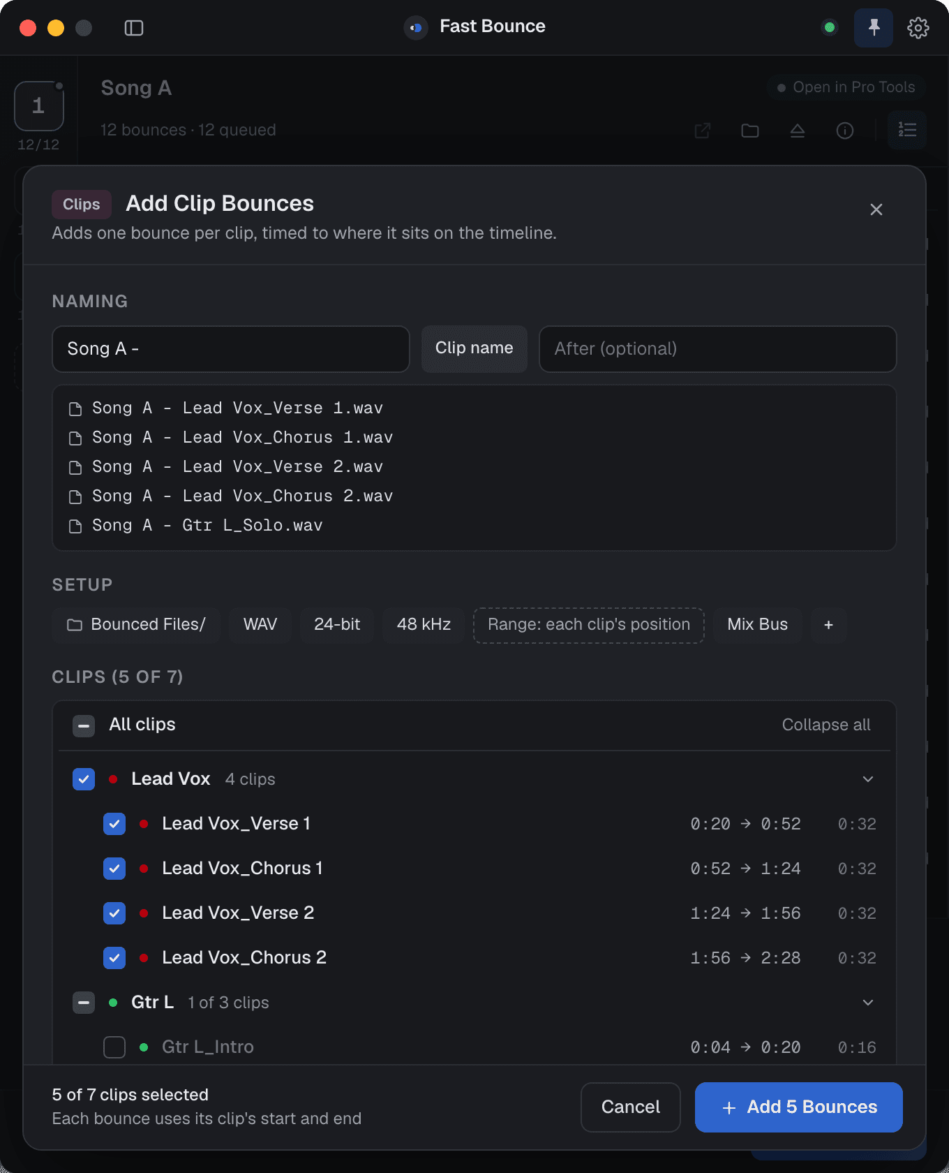 The Add Clip Bounces sheet listing the clips found on the selected tracks, each with its timeline range.