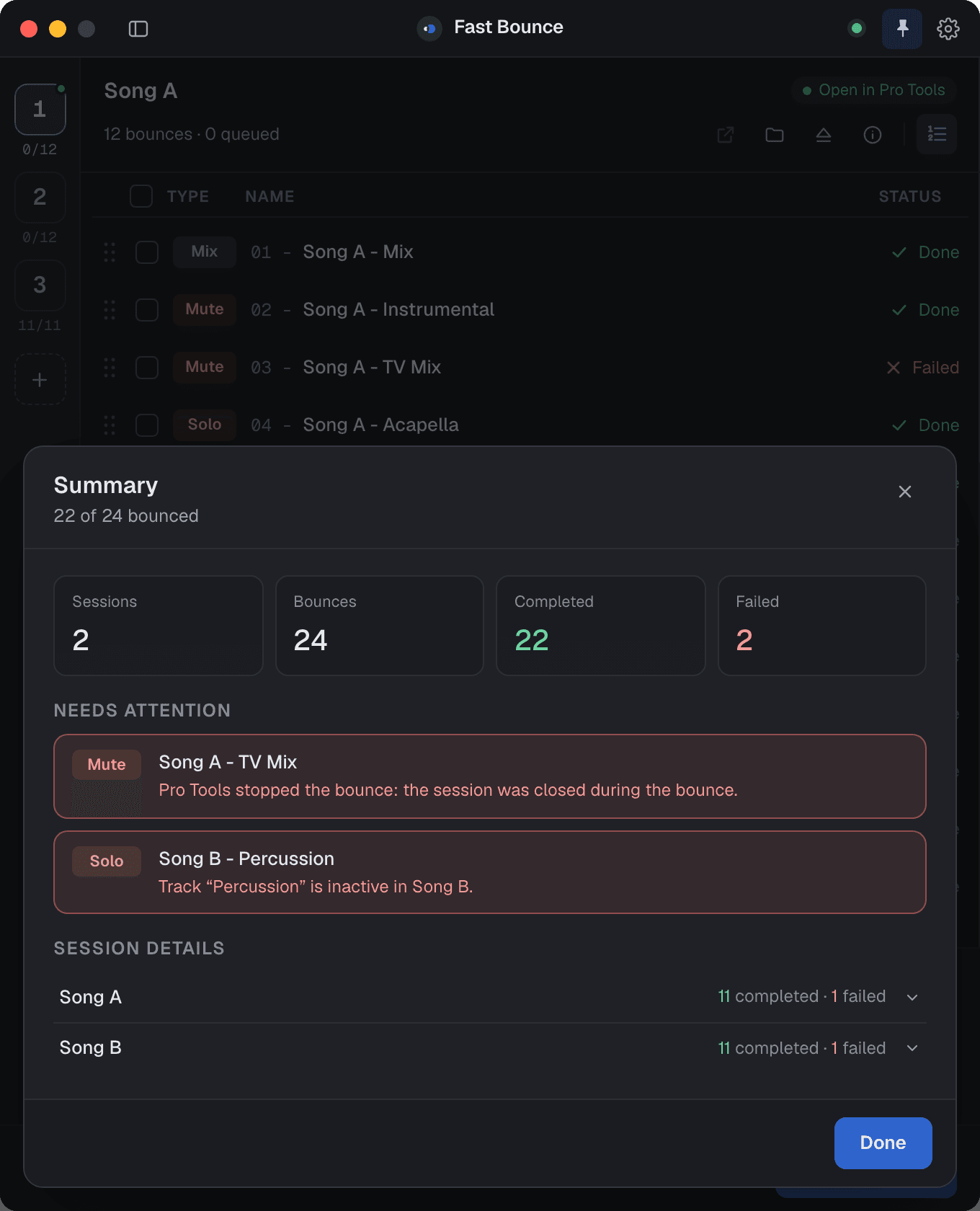 The Summary sheet with completed and failed counts and the files grouped by session folder.