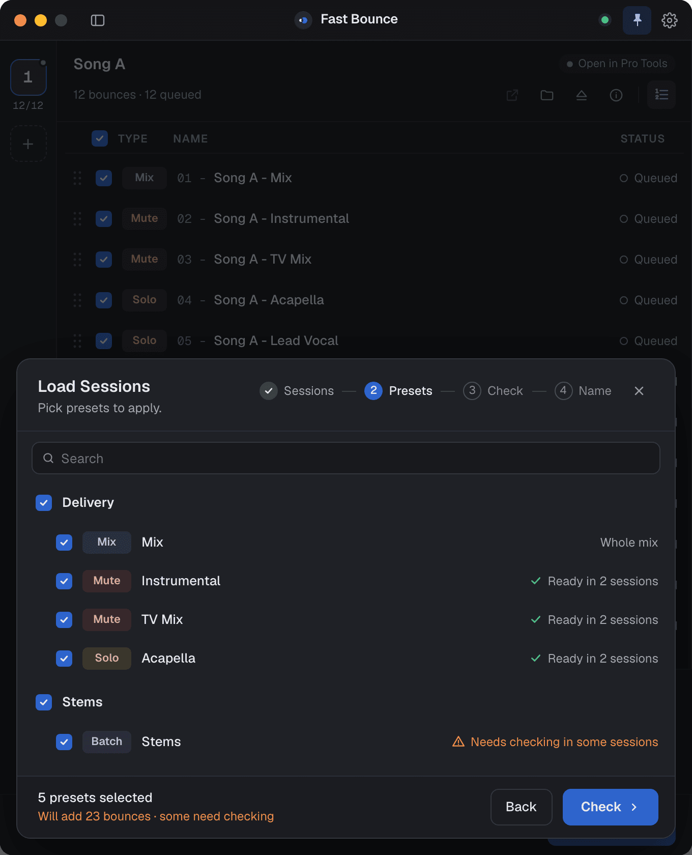 Load Sessions, step 2, with a list of preset groups to apply to every loaded session.
