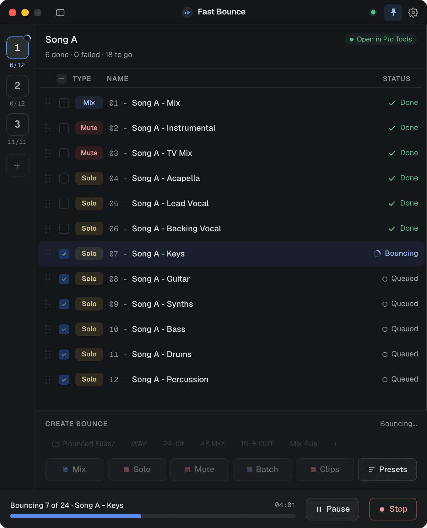 The main window while bouncing: six bounces done, Song A – Keys bouncing, the rest queued, with a progress bar and Pause and Stop buttons.