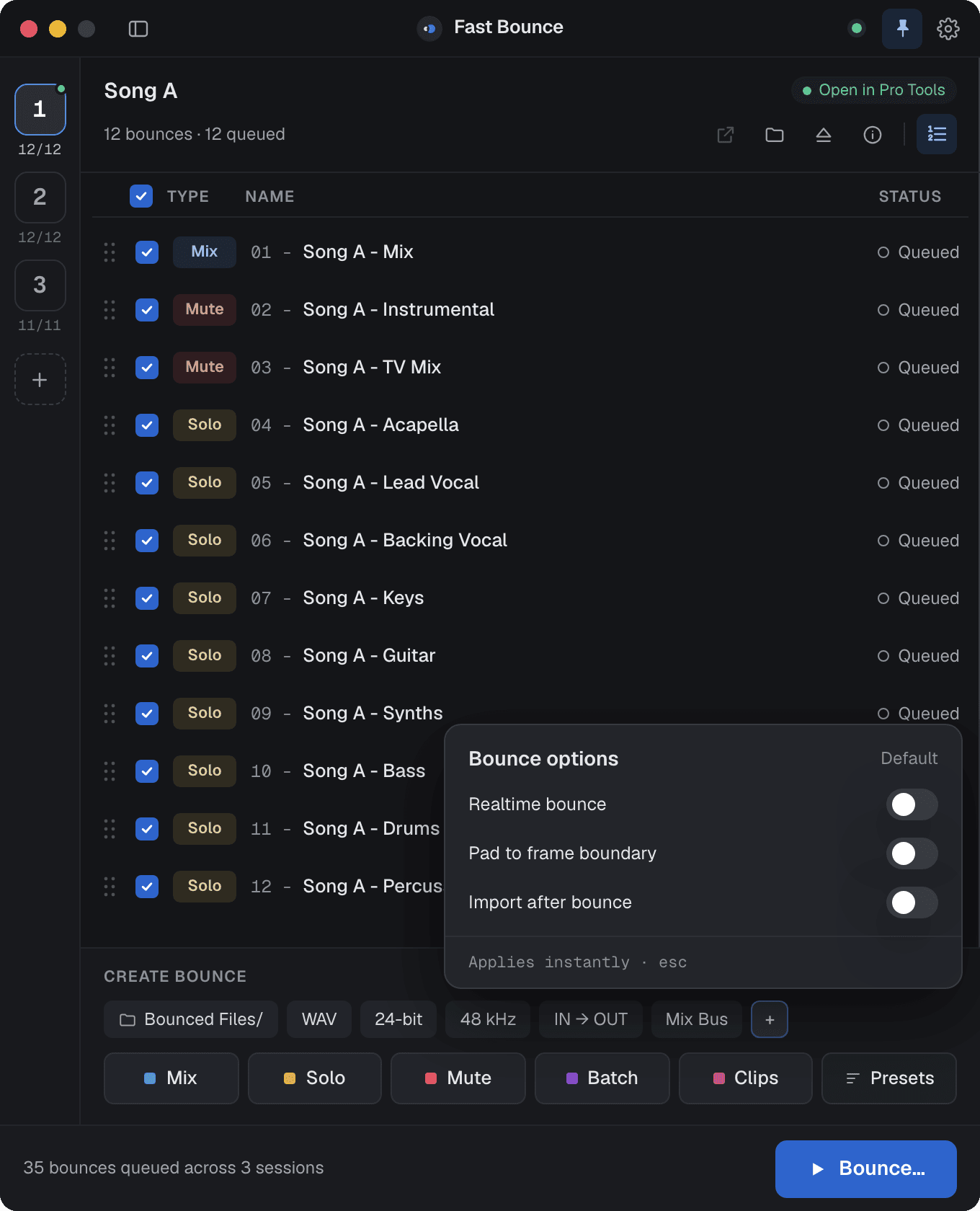 The bounce options picker with switches for Realtime bounce, Pad to frame boundary and Import after bounce.