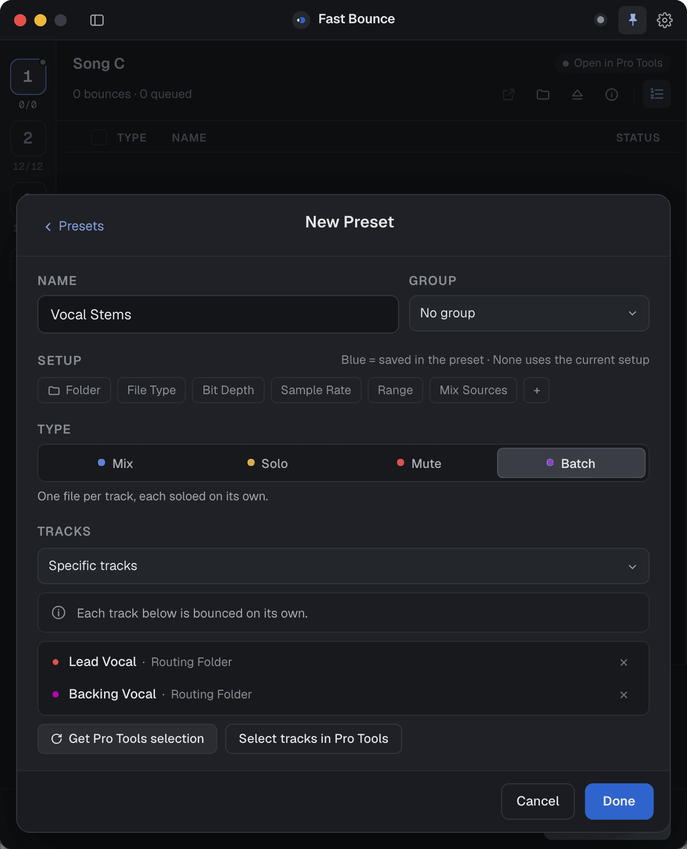 The Edit Preset sheet with a type, a list of tracks, setup chips and a name field.
